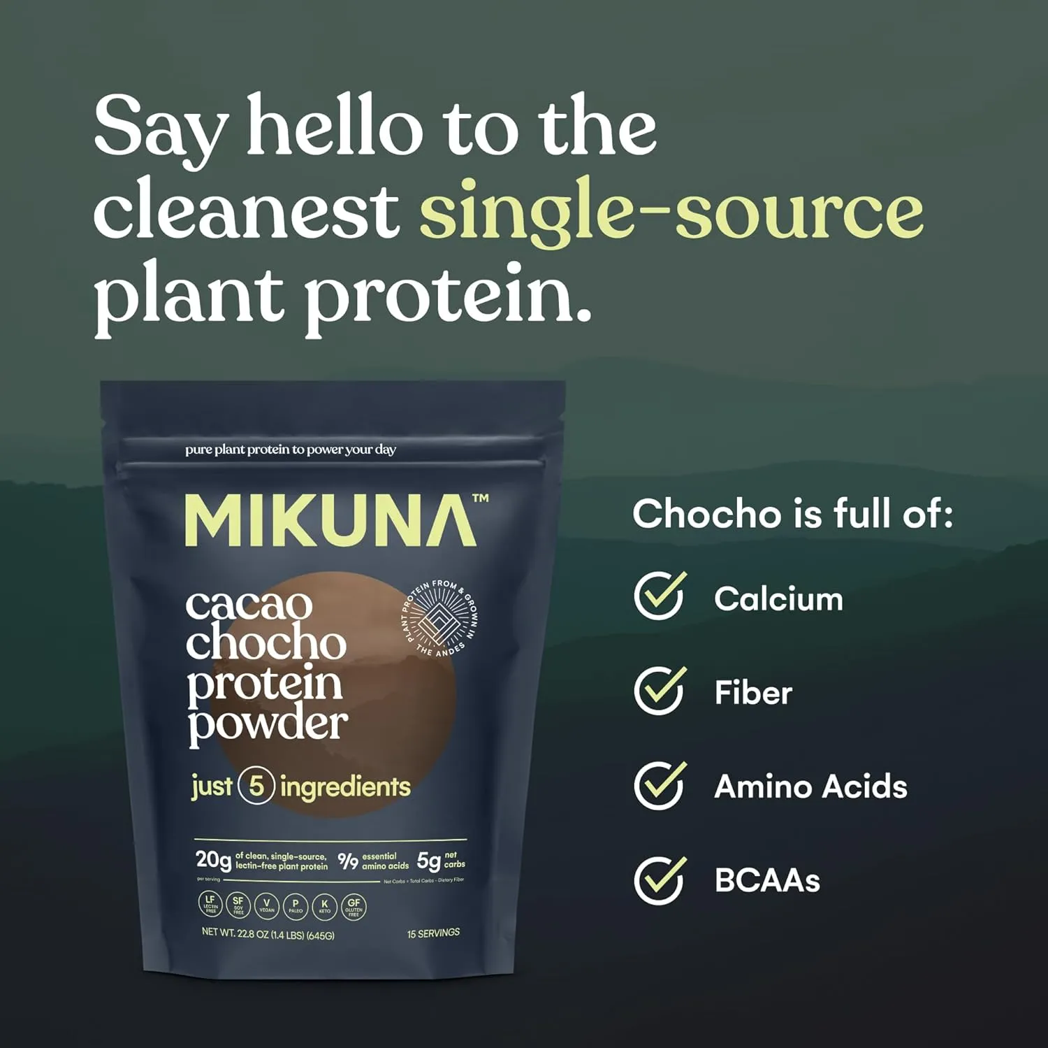 Mikuna Vegan Protein Powder (Cacao, 15 Servings) - Plant Based Chocho Superfood Protein - Dairy Free Protein Powder Packed with Vitamins, Minerals & Fiber - Gluten, Keto & Lectin-Free