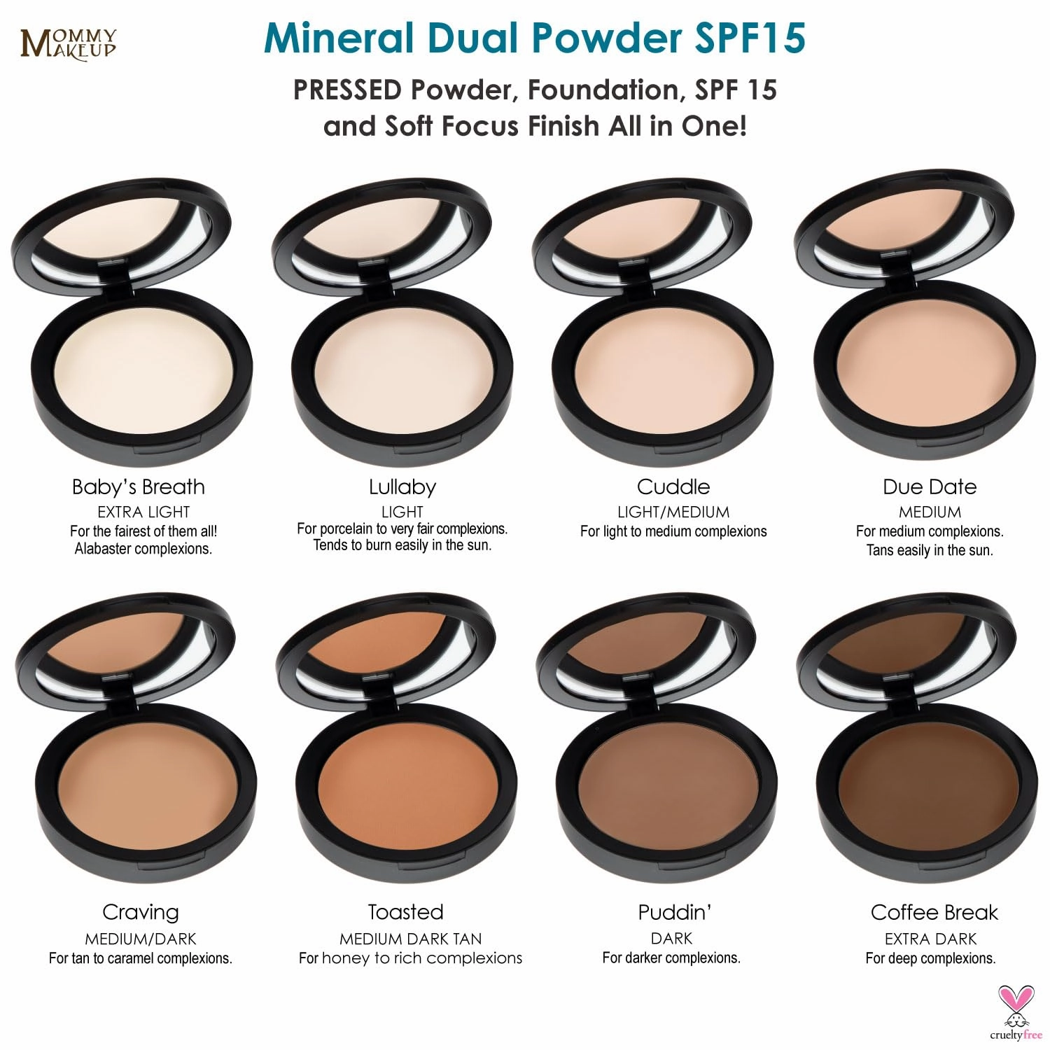Mineral Dual Powder - 4-in-1 Pressed Mineral Foundation with SPF 15 for Flawless Glow - Oil-Free, Talc-Free, Gluten-Free, 0.45 oz (Puddin' - Dark) by Mommy Makeup