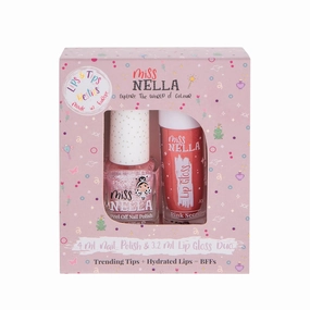 MISS NELLA Pink Secret Lips & Tips duo- Scented Lip Gloss   Glitter Nail Polish for Kids with Peel-off, Water Based & Odour Free Formula
