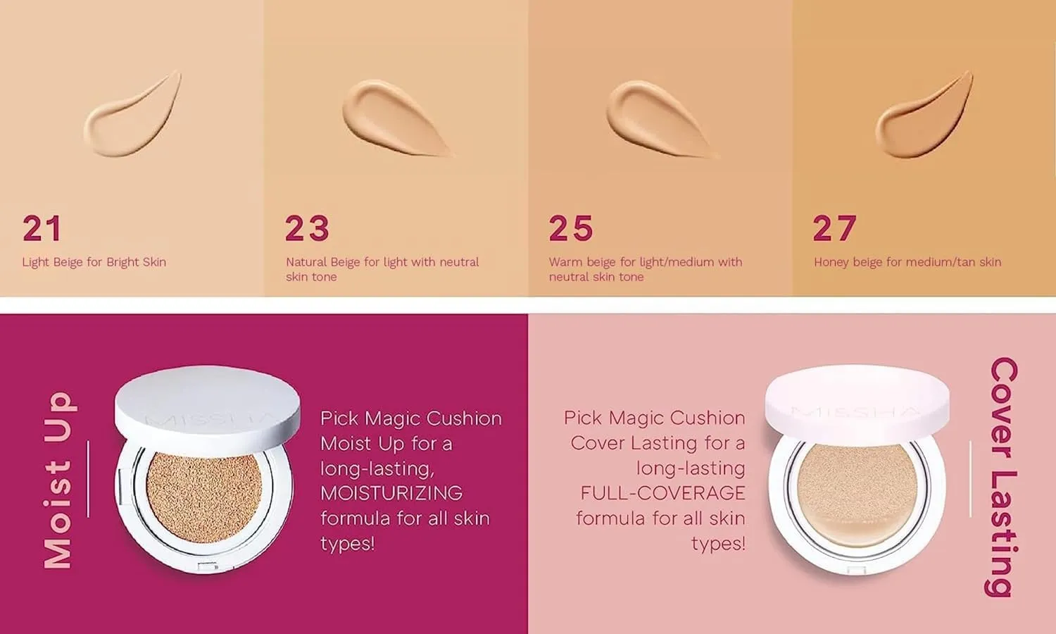 MISSHA Magic Cushion Foundation No.23 (2 Pack) Light Beige for Bright Skin - Flawless Coverage,Dewy Finish,Easy Application for All Skin Types