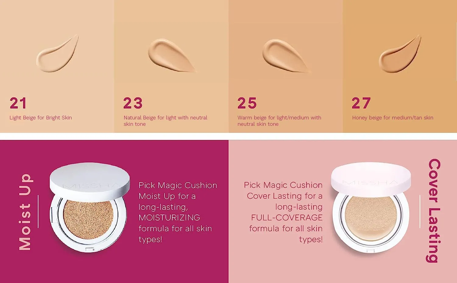 MISSHA Magic Cushion Foundation No.25 Warm beige for Light/Medium with Neutral Skin Tone, Flawless Coverage, Dewy Finish, Easy Application for All Skin Types