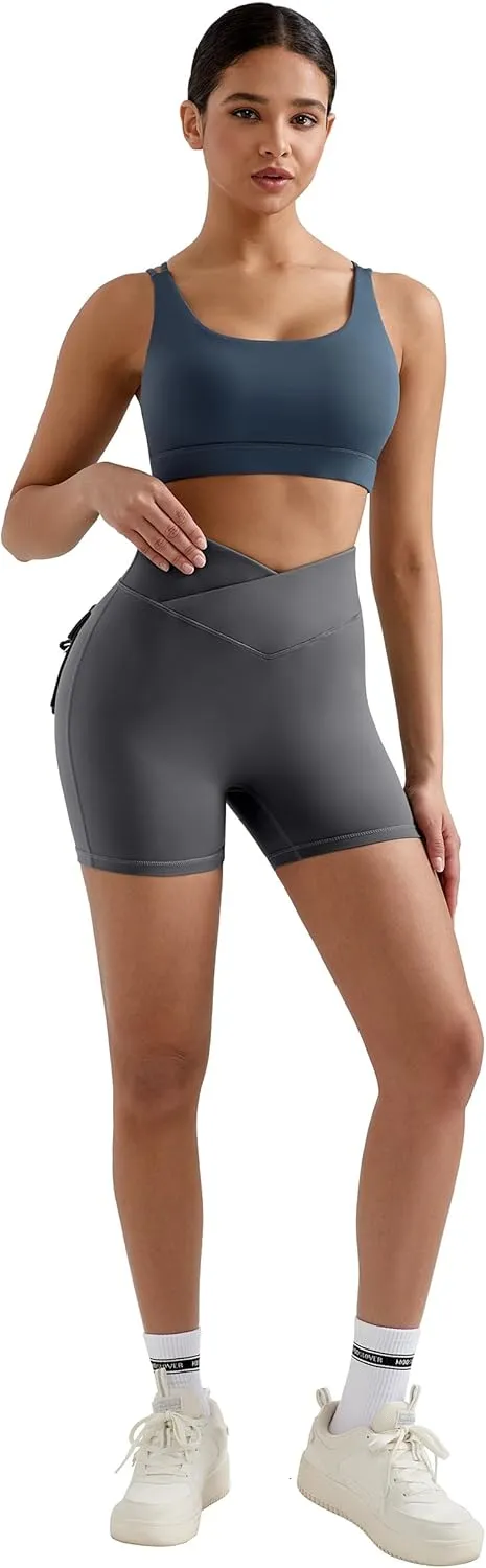 MOOSLOVER Women Workout Biker Shorts with Pockets High Waisted V Cross Shorts Scrunch Butt Yoga Gym Booty Shorts