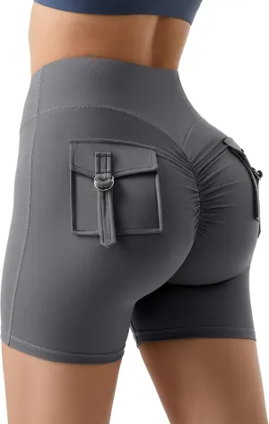 MOOSLOVER Women Workout Biker Shorts with Pockets High Waisted V Cross Shorts Scrunch Butt Yoga Gym Booty Shorts