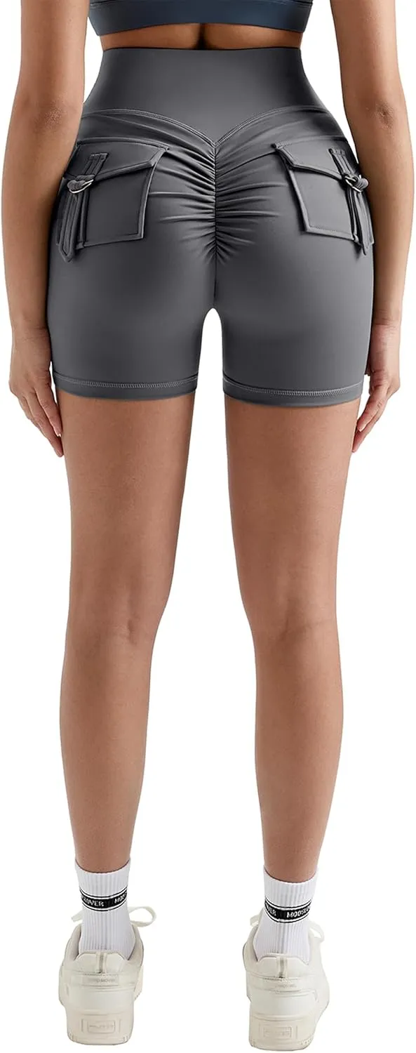 MOOSLOVER Women Workout Biker Shorts with Pockets High Waisted V Cross Shorts Scrunch Butt Yoga Gym Booty Shorts