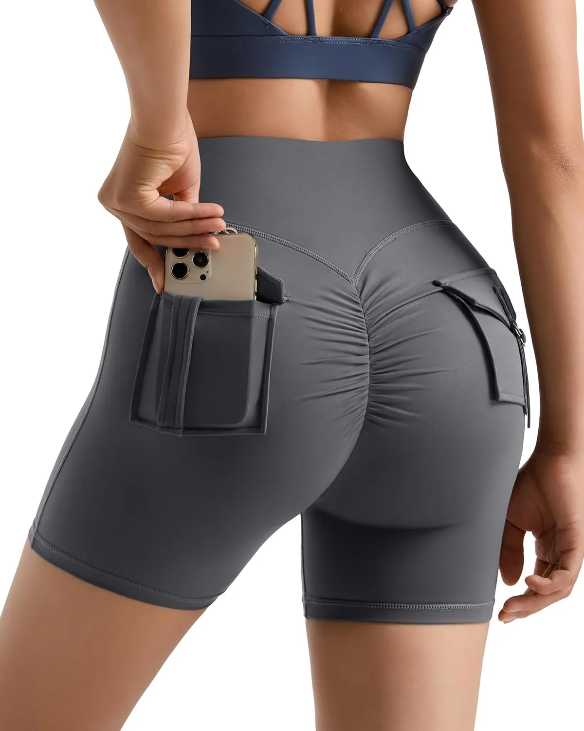 MOOSLOVER Women Workout Biker Shorts with Pockets High Waisted V Cross Shorts Scrunch Butt Yoga Gym Booty Shorts
