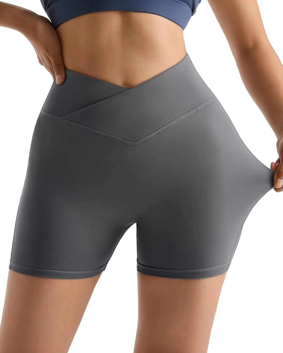 MOOSLOVER Women Workout Biker Shorts with Pockets High Waisted V Cross Shorts Scrunch Butt Yoga Gym Booty Shorts