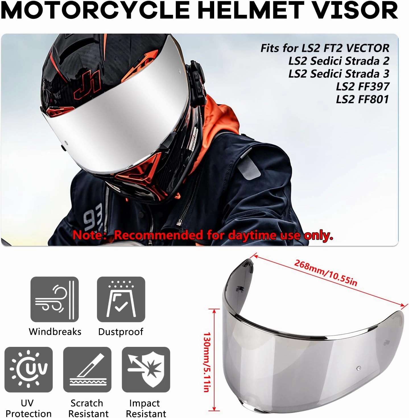 Motorcycle Helmet Visor for Sedici Strada 2 Strada 3 LS2 FT2 VECTOR FF801 FF397 with Anti-fog Rainproof Helmet Film Face Shield Motorcycle Helmet Accessories Visor Replacement (Red)