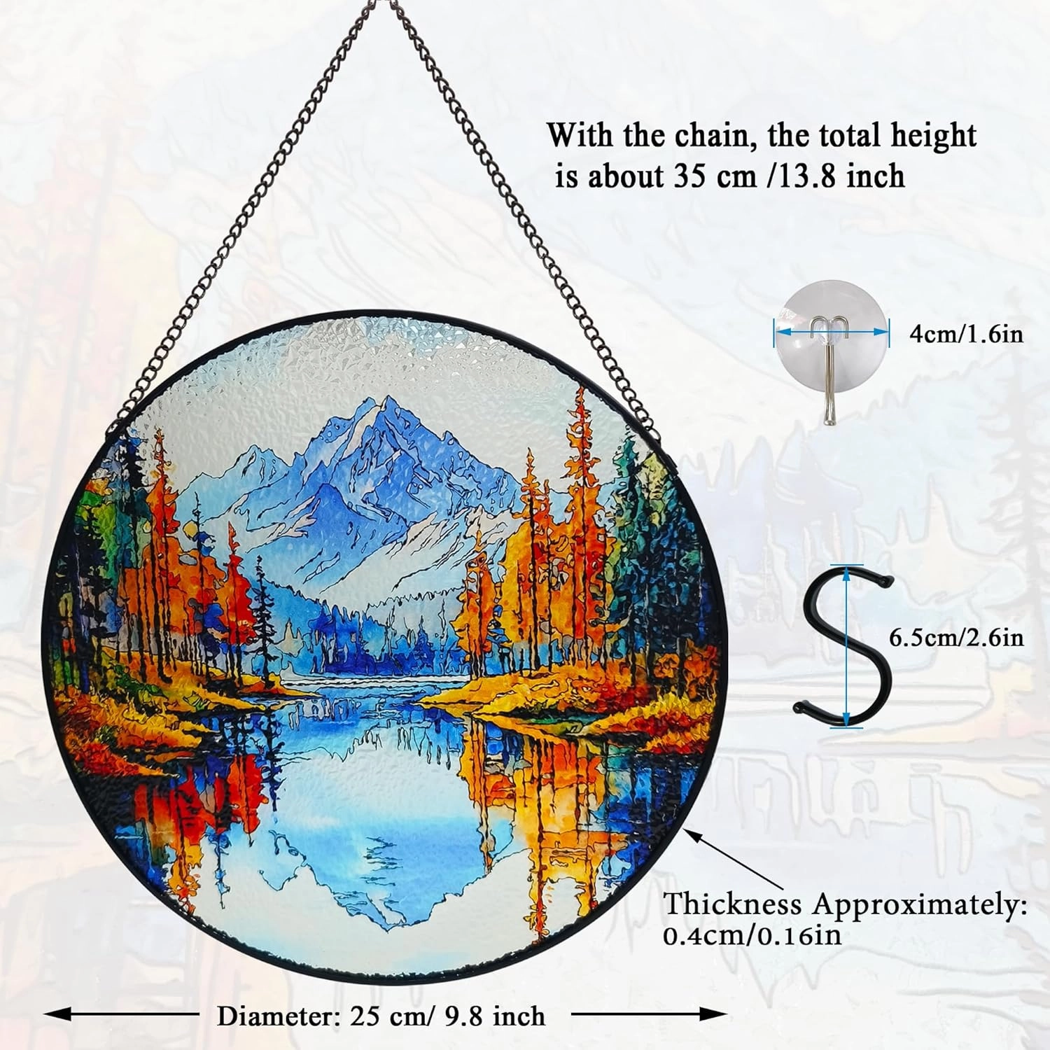 Mountain Lake Sun Catcher Hanging Stained Glass Window Decor, Winter Mountain Stain Glass Art, Handmade Suncatcher for Window Hanging Decor for Home Office, Christmas Housewarming Gifts, 9.8’’