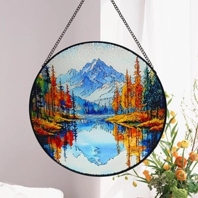 Mountain Lake Sun Catcher Hanging Stained Glass Window Decor, Winter Mountain Stain Glass Art, Handmade Suncatcher for Window Hanging Decor for Home Office, Christmas Housewarming Gifts, 9.8’’