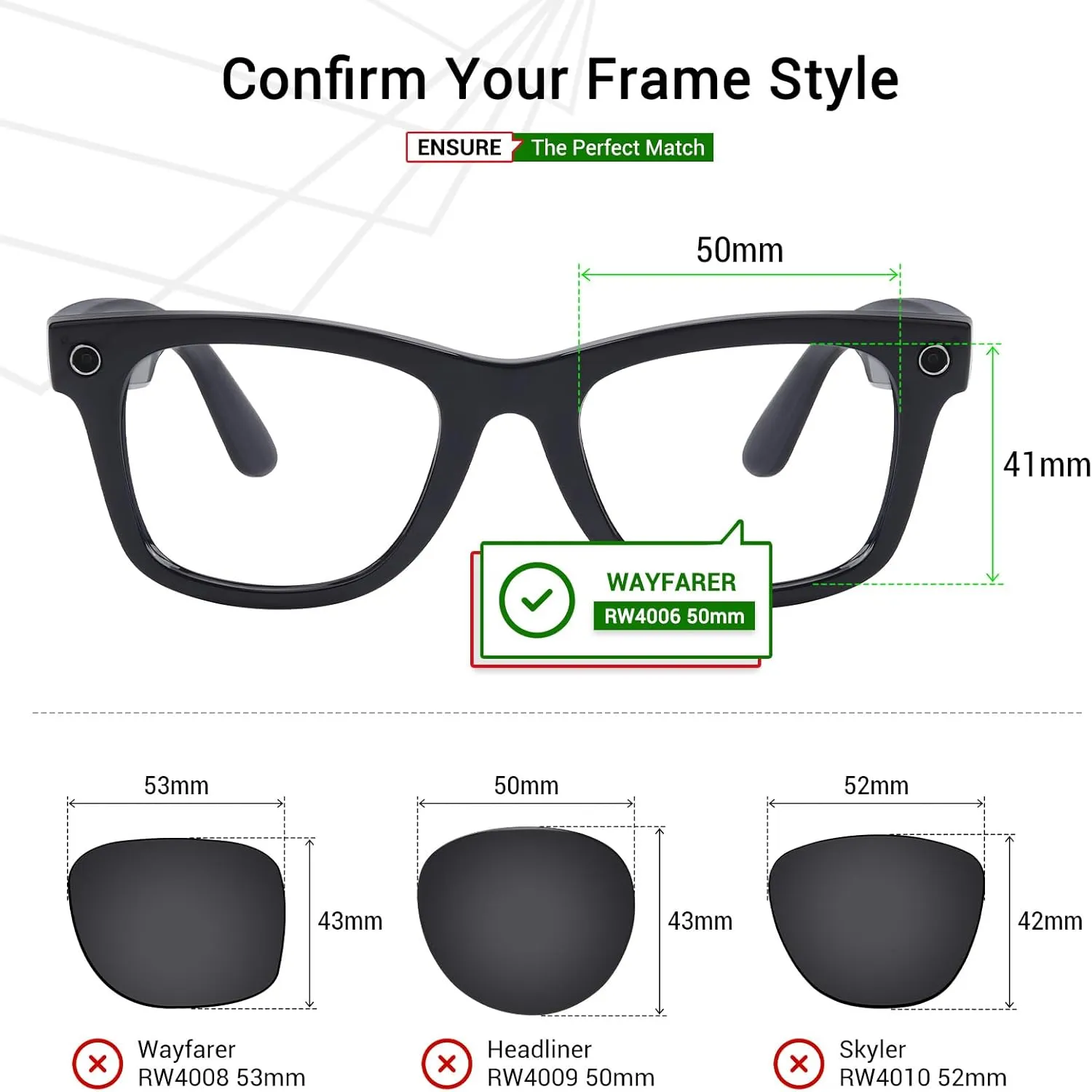 Mryok Replacement Lenses Compatible with Ray-Ban Meta Wayfarer RW4006 50mm Smart Glasses - Options