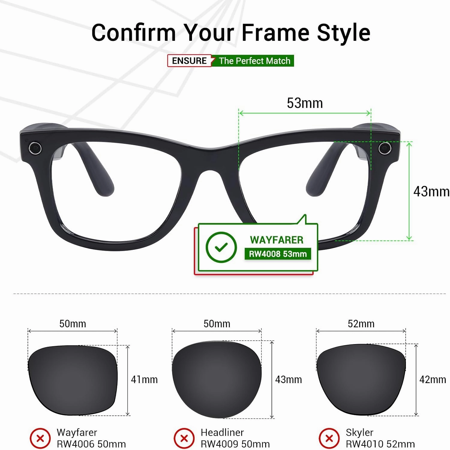 Mryok Replacement Lenses Compatible with Ray-Ban Meta Wayfarer RW4008 53mm Smart Glasses - Options