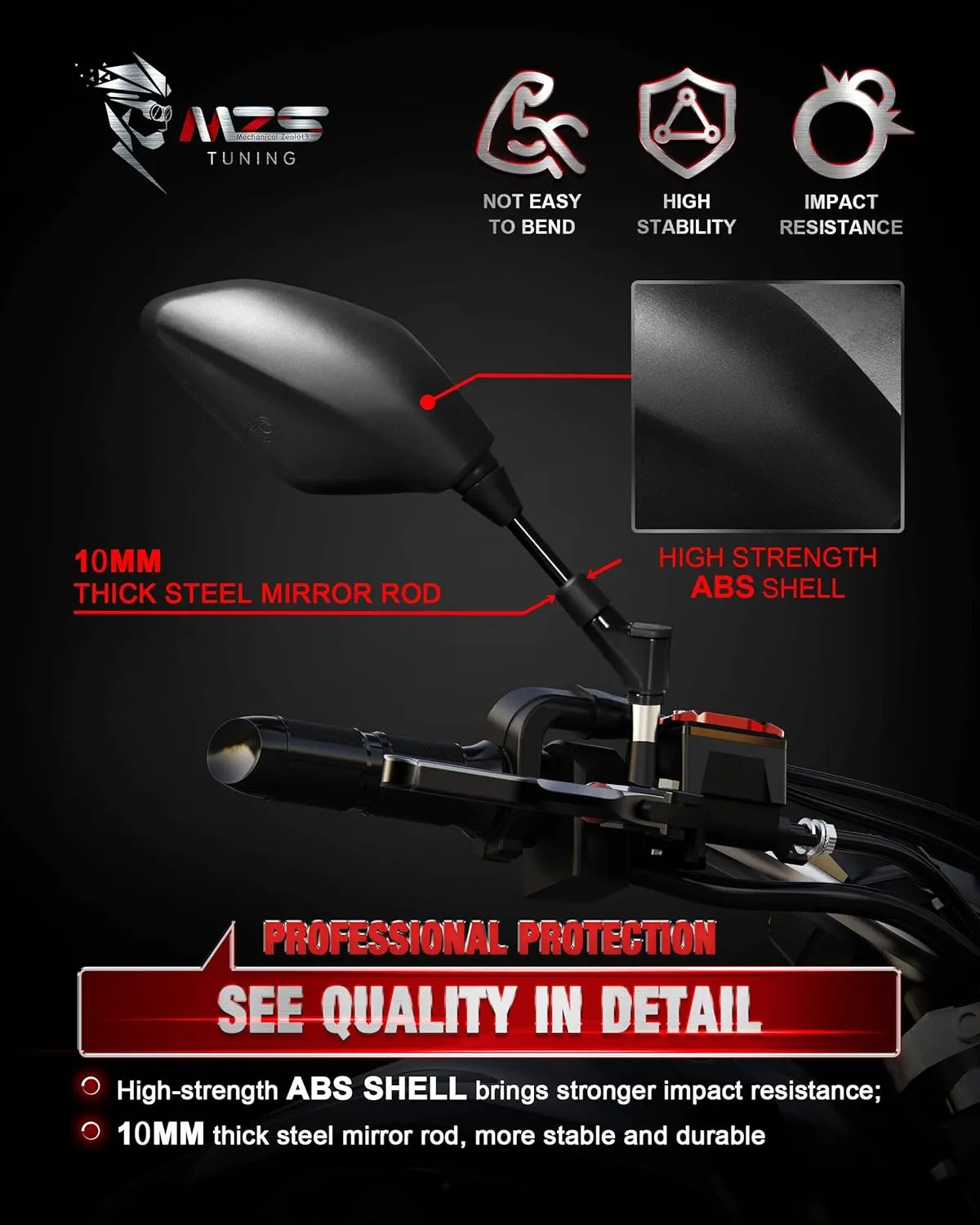 MZS Motorcycle Mirrors Rear View Side 8MM 10MM Black Universal Compatible with Street Dirt Bike Quad Adventure Scooter Coolster Moped GY6 Cruiser ATV
