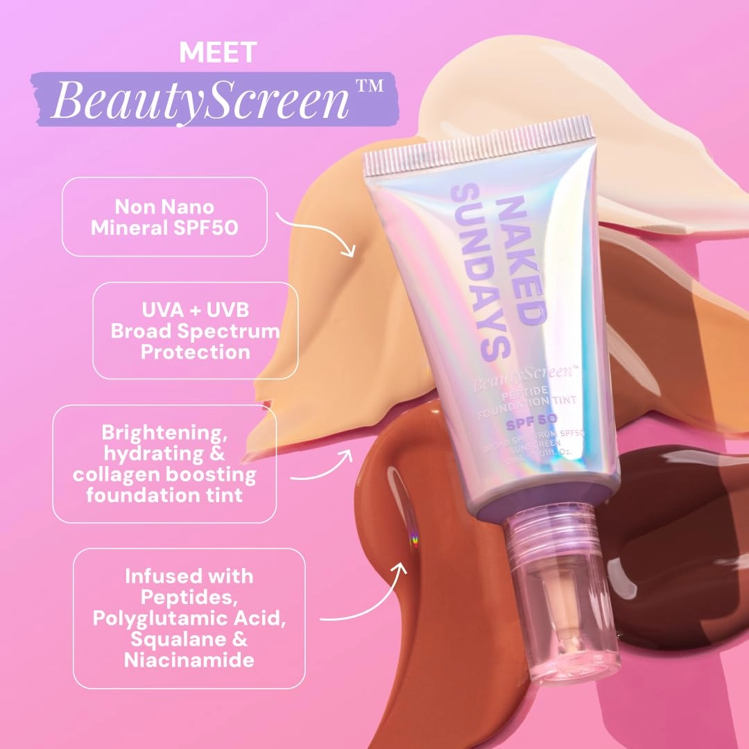 Naked Sundays BeautyScreen™ SPF 50 Mineral Peptide Foundation Tint – 2-in-1 Skin Tint & Mineral Sunscreen | Radiant, Buildable Coverage, Acne-Safe, Infused with Peptides (6 Tan Caramel, 1.01 oz)