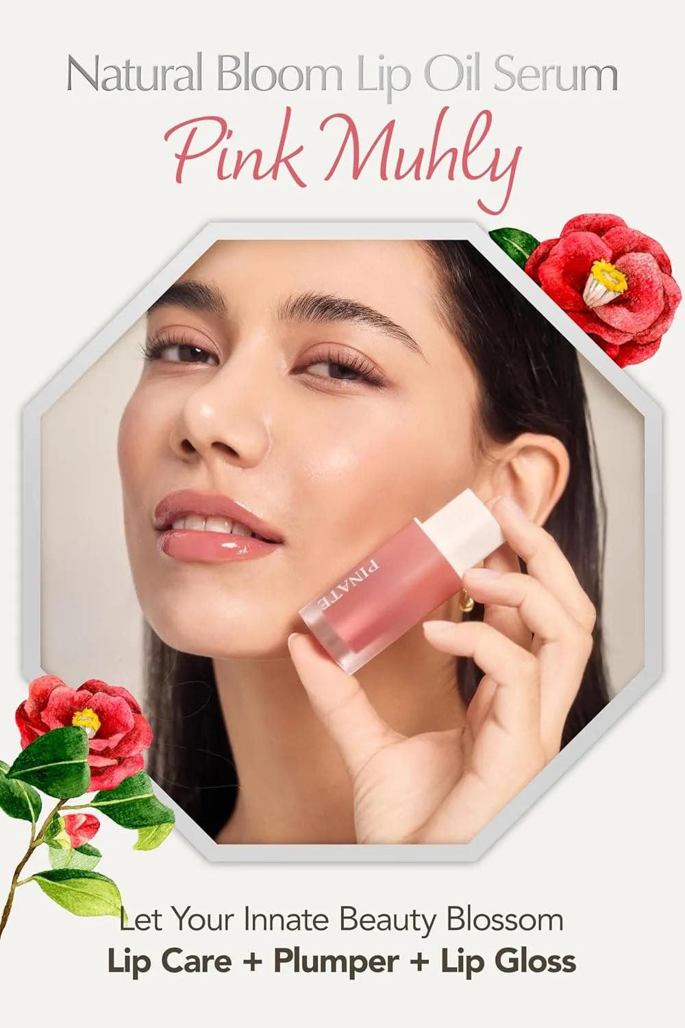 Natural Bloom Korean Lip Plumper Pink Muhly | Moisturizing Lip Booster Plumping Oil Tint Serum Enriched w/Camellia & Safflower Serum| Non-Irritating Color Changing Lip Oil