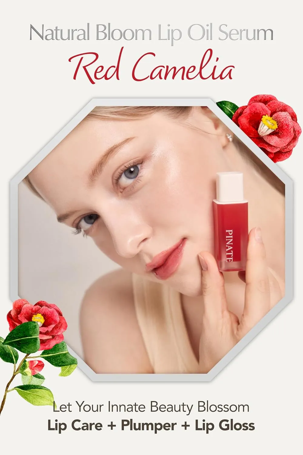 Natural Bloom Korean Lip Plumper Red Camelia | Moisturizing Lip Booster Plumping Oil Tint Serum Enriched w/Camellia & Safflower Serum| Non-Irritating Color Changing Lip Oil
