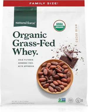 Natural Force Whey Protein Powder – Chocolate, 5 lbs – Grass Fed Organic, Pure, Keto & Paleo Friendly, Low Carb, Kosher, Non GMO – Family Size A2 Protein