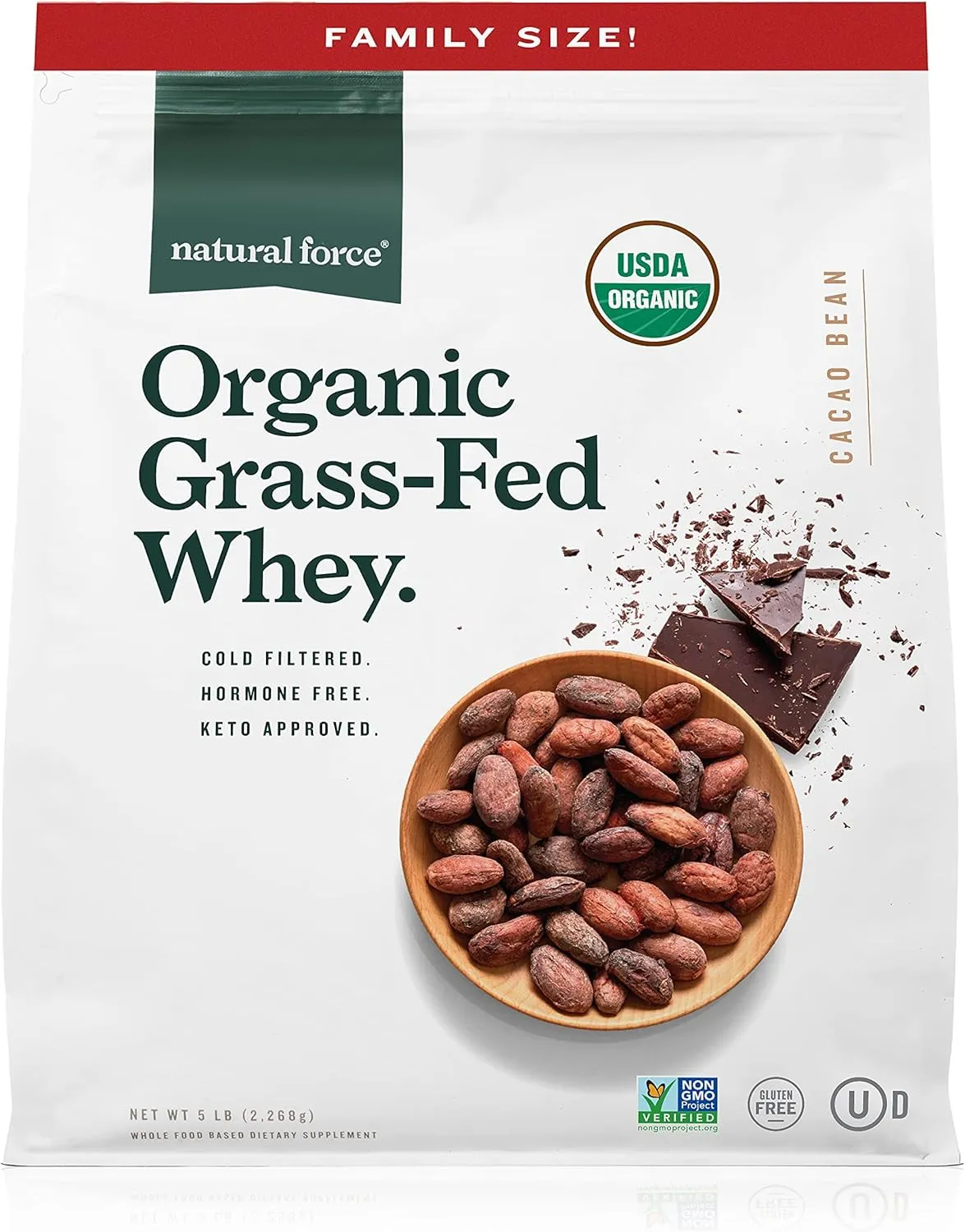 Natural Force Whey Protein Powder – Chocolate, 5 lbs – Grass Fed Organic, Pure, Keto & Paleo Friendly, Low Carb, Kosher, Non GMO – Family Size A2 Protein