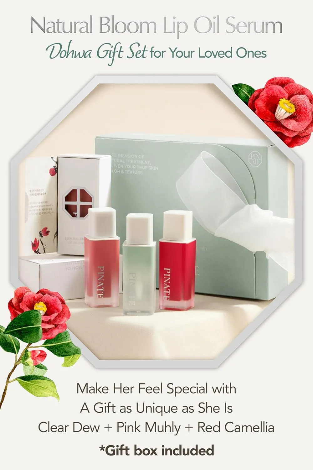 NATURAL LIP OIL - Dohwa Set, Gift Set, Powerful glow lip oil serum - Nourishing & Protecting lip care that naturally brings out own colors with camellia seed oil. 0.14 FL. Oz (Set of 3), Red