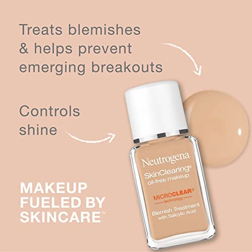 Neutrogena SkinClearing Oil-Free Acne and Blemish Fighting Liquid Foundation with.5% Salicylic Acid Acne Medicine, Shine Controlling Makeup for Acne Prone Skin, 20 Natural Ivory, 1 fl. oz