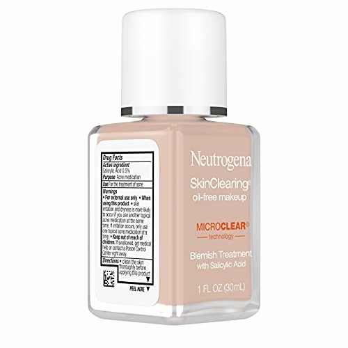 Neutrogena SkinClearing Oil-Free Acne and Blemish Fighting Liquid Foundation with.5% Salicylic Acid Acne Medicine, Shine Controlling Makeup for Acne Prone Skin, 20 Natural Ivory, 1 fl. oz