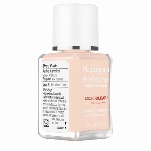 Neutrogena SkinClearing Oil-Free Acne and Blemish Fighting Liquid Foundation with.5% Salicylic Acid Acne Medicine, Shine Controlling Makeup for Acne Prone Skin, 20 Natural Ivory, 1 fl. oz