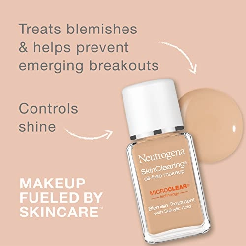 Neutrogena SkinClearing Oil-Free Acne and Blemish Fighting Liquid Foundation with.5% Salicylic Acid Acne Medicine, Shine Controlling Makeup for Acne Prone Skin, 20 Natural Ivory, 1 fl. oz