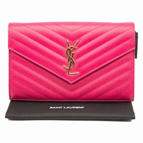 NEW Saint Laurent Grain De Poudre Matelasse Chevron Monogram Chain Wallet Lipstick Fuchsia
