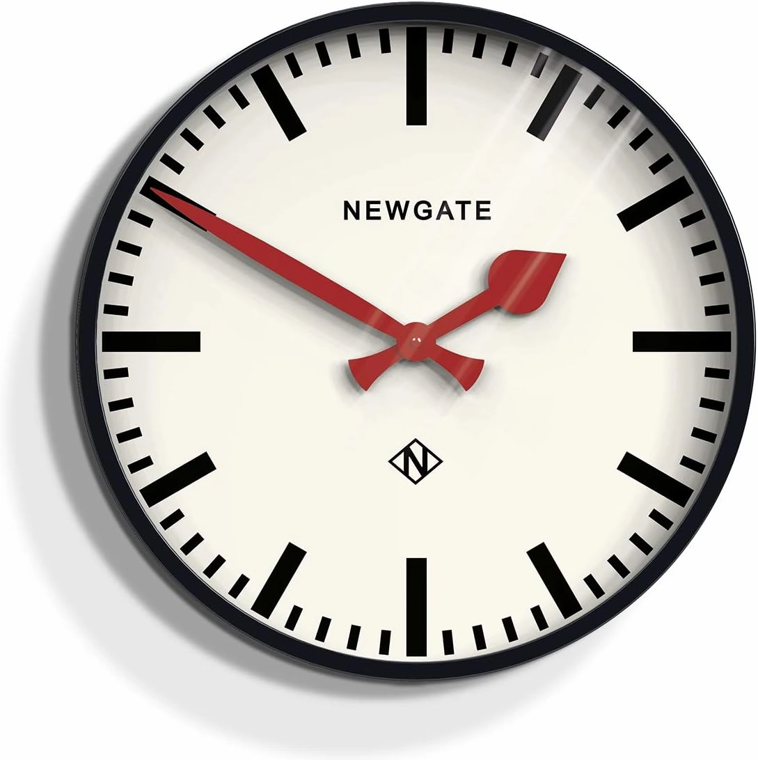 NEWGATE® Putney Wall Clock | Large Round Station Clock | 18" | Deep Metal case in Gloss Black | Statement Designer Clock for Kitchen, Living Room or Office