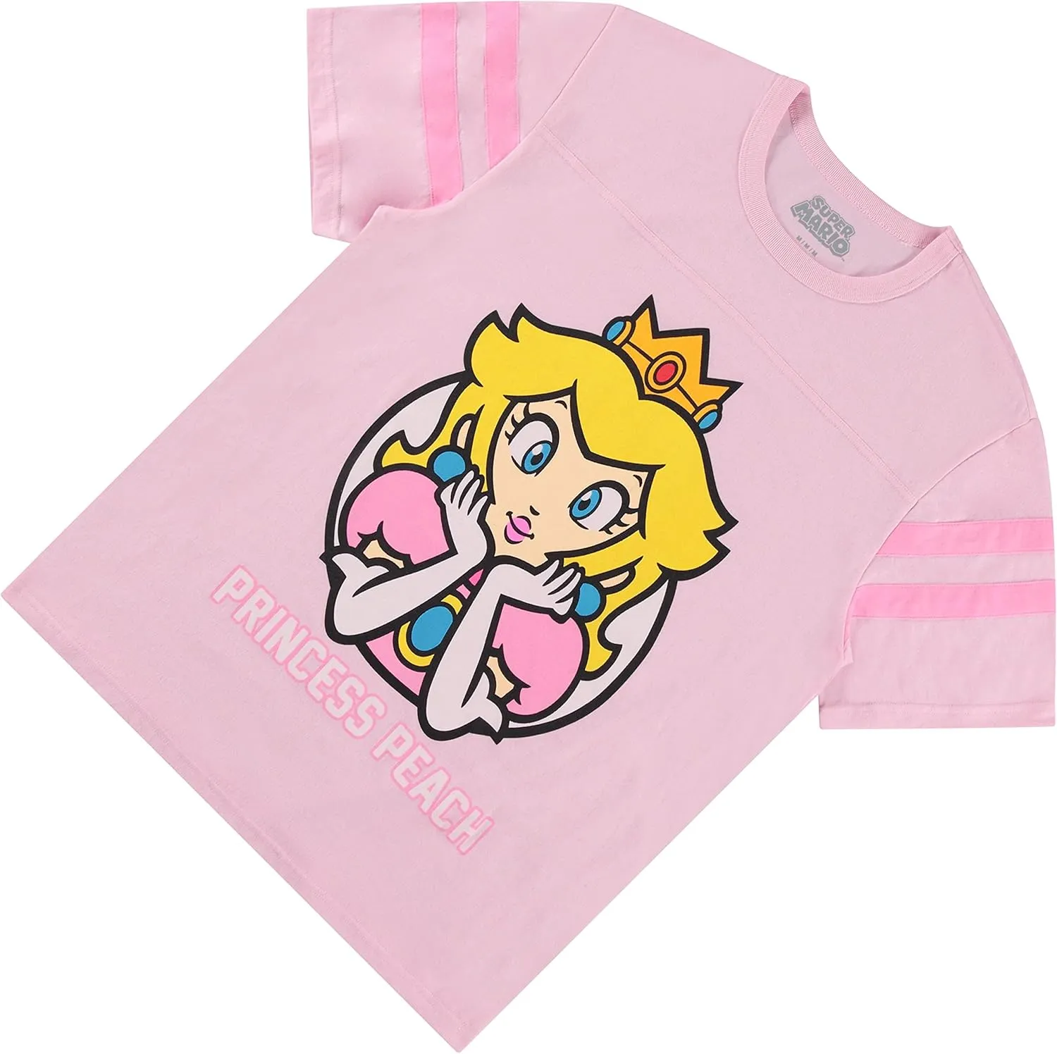 Nintendo Ladies Princess Peach Shirt - Mario, Zelda, Kirby, Princess Peach and Donkey Kong Varsity Stripe Sleeve Athletic Tee