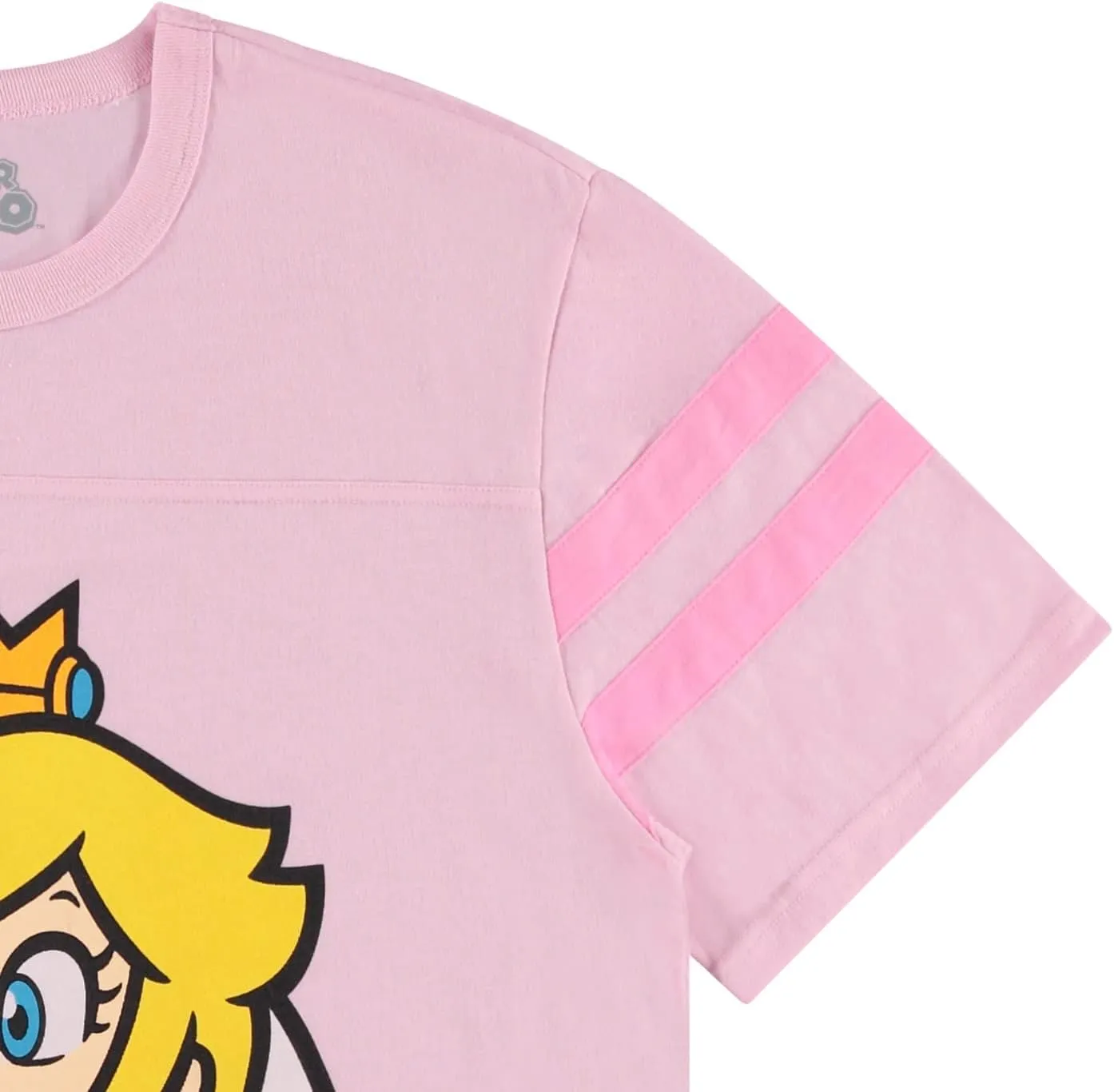 Nintendo Ladies Princess Peach Shirt - Mario, Zelda, Kirby, Princess Peach and Donkey Kong Varsity Stripe Sleeve Athletic Tee