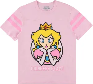 Nintendo Ladies Princess Peach Shirt - Mario, Zelda, Kirby, Princess Peach and Donkey Kong Varsity Stripe Sleeve Athletic Tee