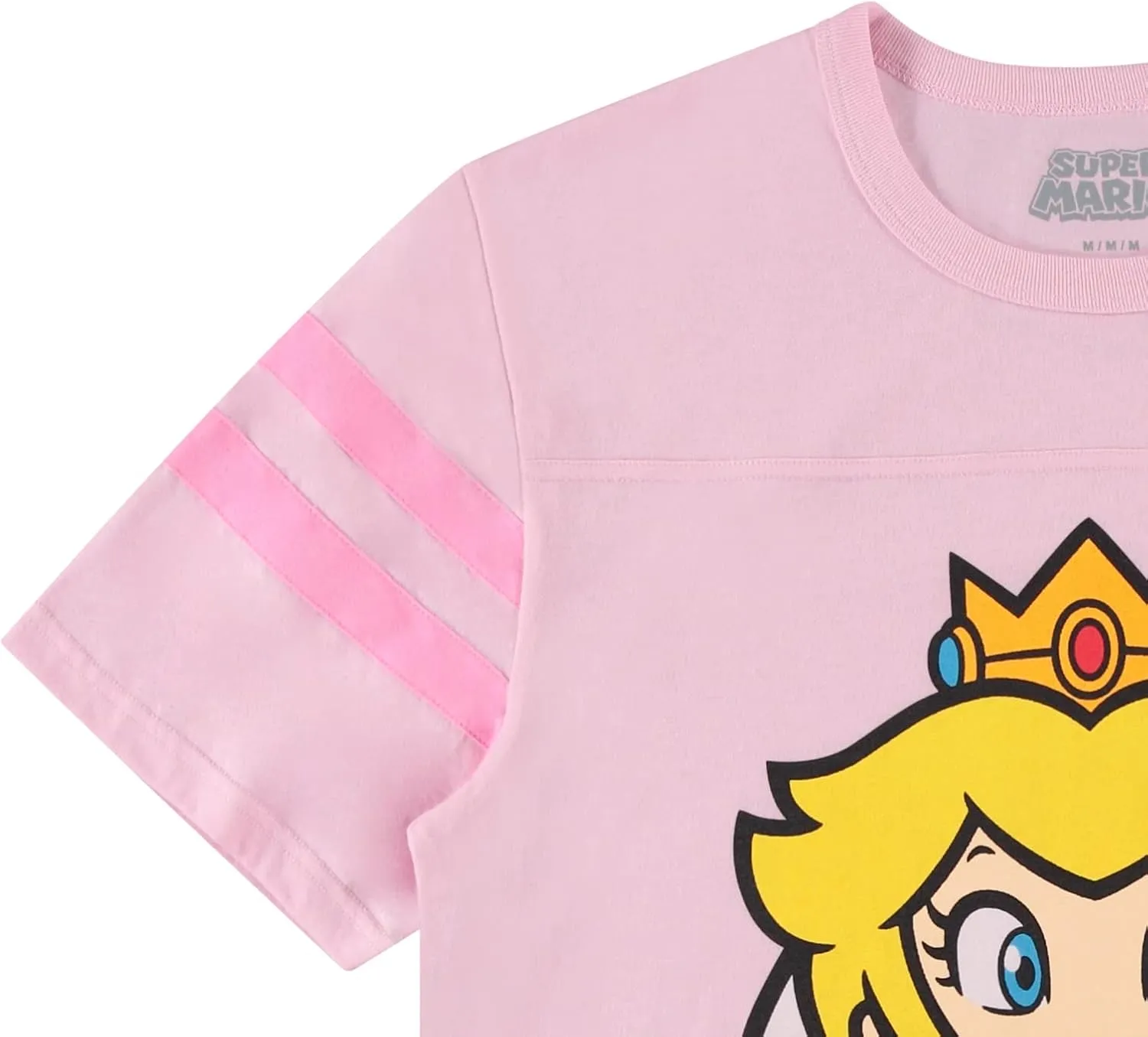 Nintendo Ladies Princess Peach Shirt - Mario, Zelda, Kirby, Princess Peach and Donkey Kong Varsity Stripe Sleeve Athletic Tee
