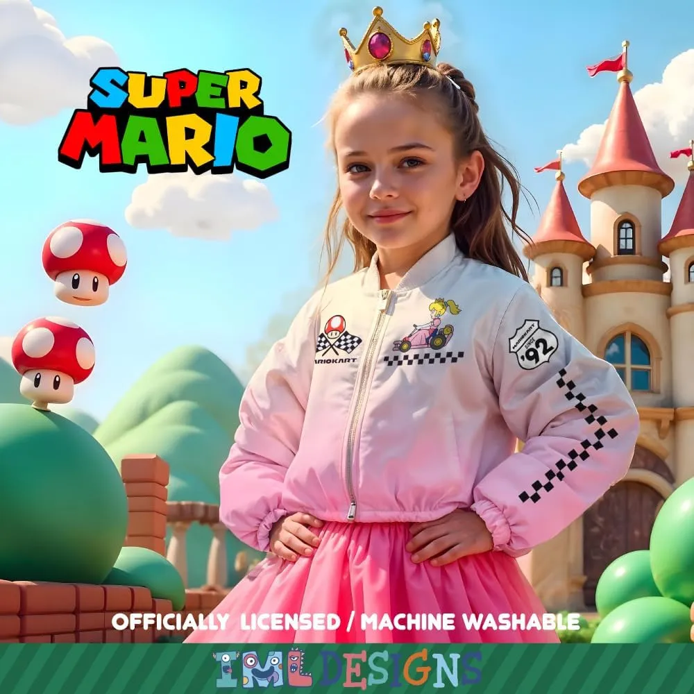 Nintendo Mariokart Princess Peach Girls Varsity Bomber Jacket - Zip-Up Casual Graphic Print Jacket for Kids