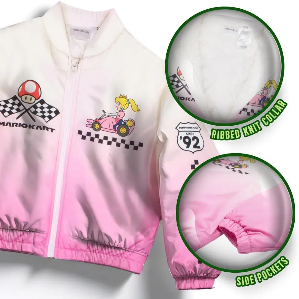 Nintendo Mariokart Princess Peach Girls Varsity Bomber Jacket - Zip-Up Casual Graphic Print Jacket for Kids
