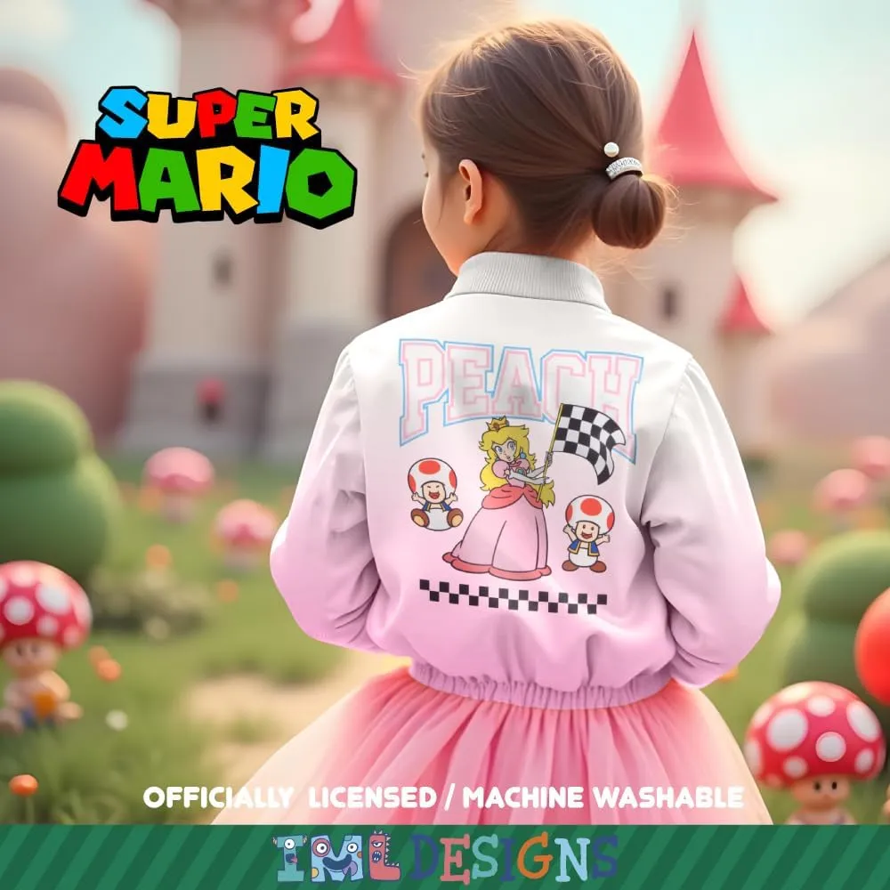Nintendo Mariokart Princess Peach Girls Varsity Bomber Jacket - Zip-Up Casual Graphic Print Jacket for Kids