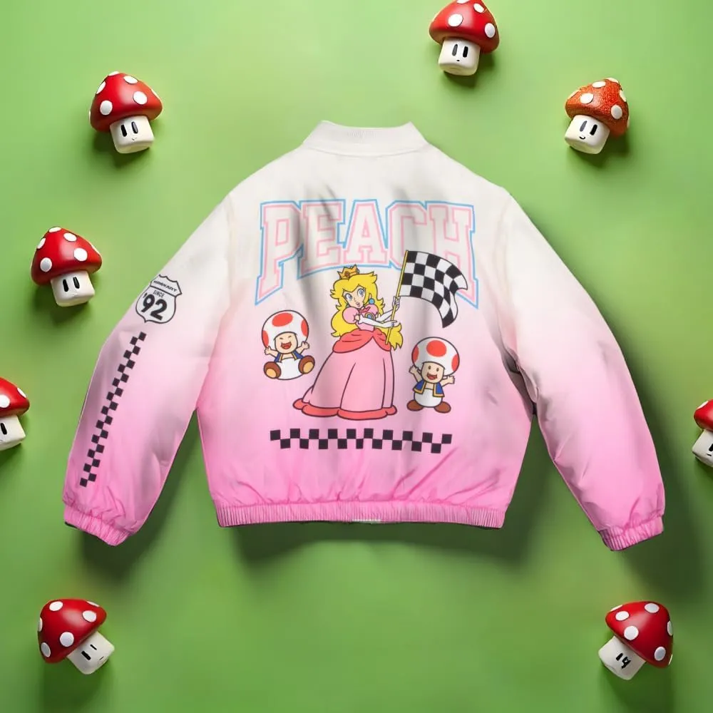 Nintendo Mariokart Princess Peach Girls Varsity Bomber Jacket - Zip-Up Casual Graphic Print Jacket for Kids