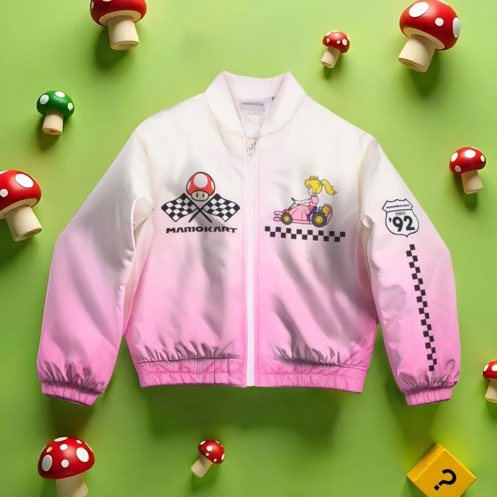 Nintendo Mariokart Princess Peach Girls Varsity Bomber Jacket - Zip-Up Casual Graphic Print Jacket for Kids