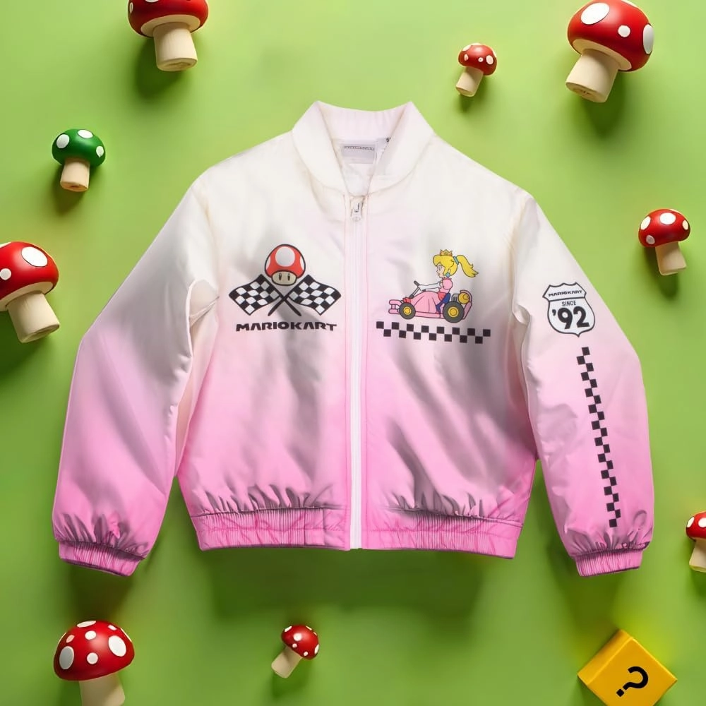 Nintendo Mariokart Princess Peach Girls Varsity Bomber Jacket - Zip-Up Casual Graphic Print Jacket for Kids