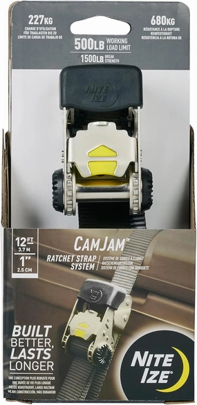 Nite Ize CamJam Ratchet Strap System - Easy-Release Patented Lever Pawl - Tie Down Straps & Ratchet with Adjustable Positioning for Varied Configurations - 500 lb Working Load Limit - Small