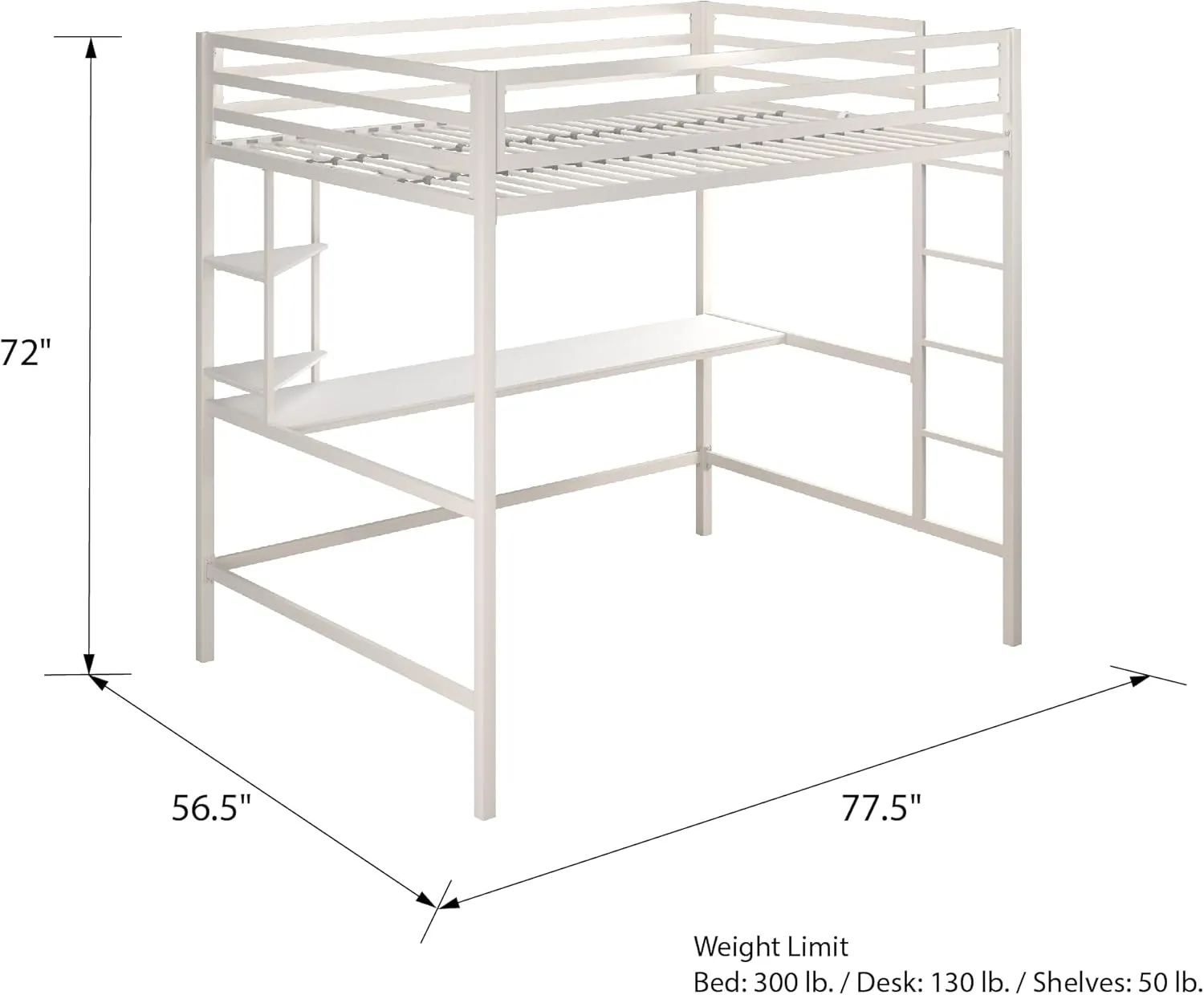 Novogratz Maxwell Metal Full Loft Bed with Desk & Shelves, Off White