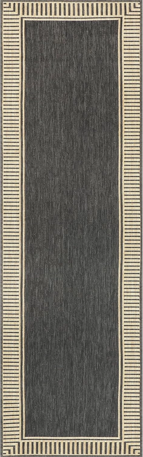 nuLOOM 2' x 8' Outdoor Area Rug, Casual Design With Striped Border, Stain Resistant, Highly Durable, For Patio, Balcony, Bedroom, Living Room, Dining Room, Bathroom, Dark Grey