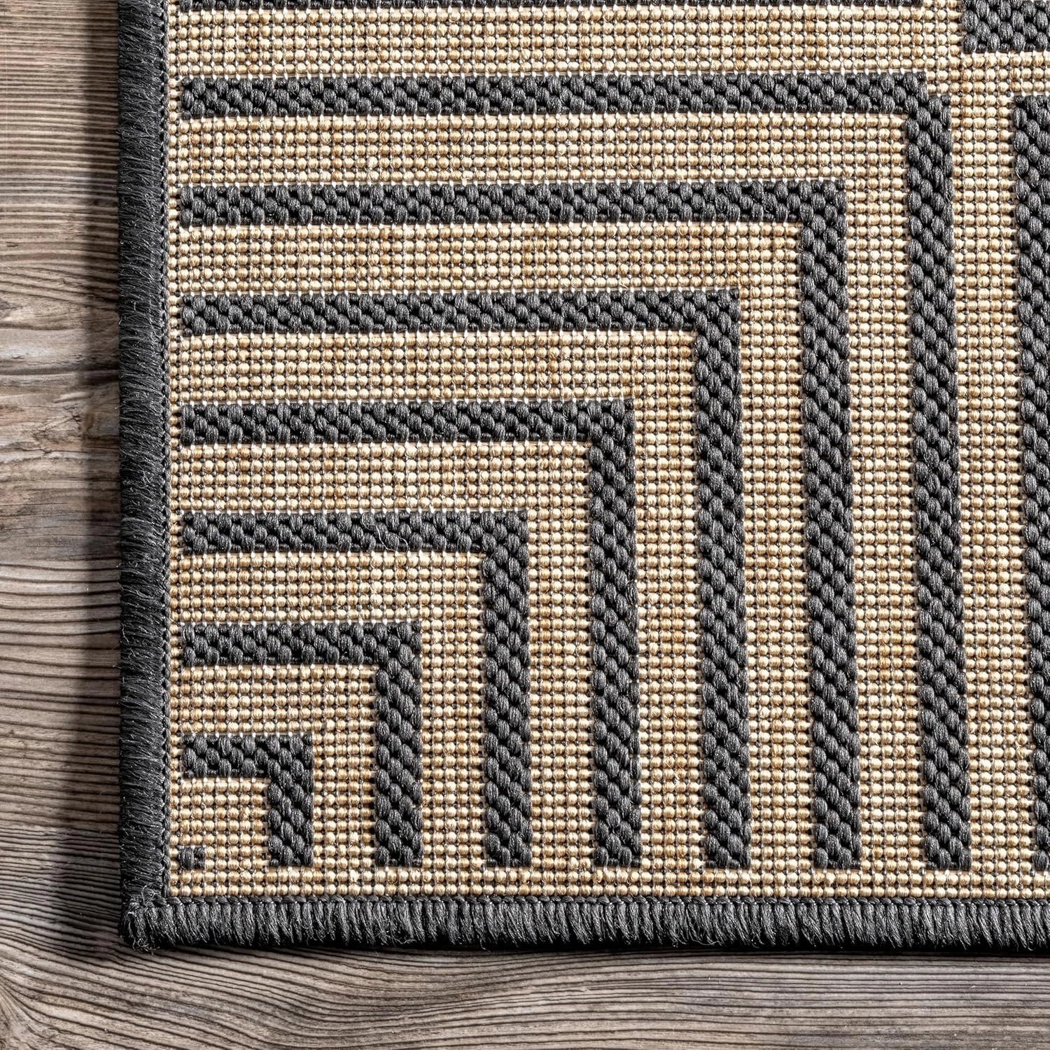 nuLOOM 2' x 8' Outdoor Area Rug, Casual Design With Striped Border, Stain Resistant, Highly Durable, For Patio, Balcony, Bedroom, Living Room, Dining Room, Bathroom, Dark Grey