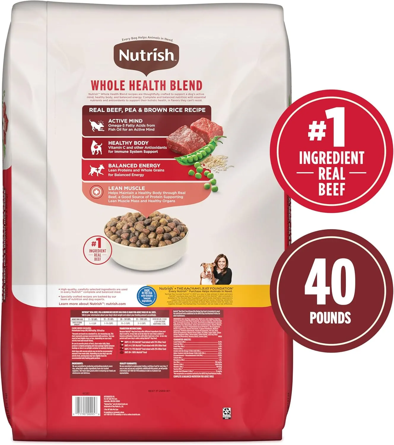 Nutrish Dry Dog Food, Real Beef, Pea & Brown Rice Recipe Whole Health Blend for Adult Dogs, 40 lb. Bag, Packaging May Vary (Formerly Rachael Ray)