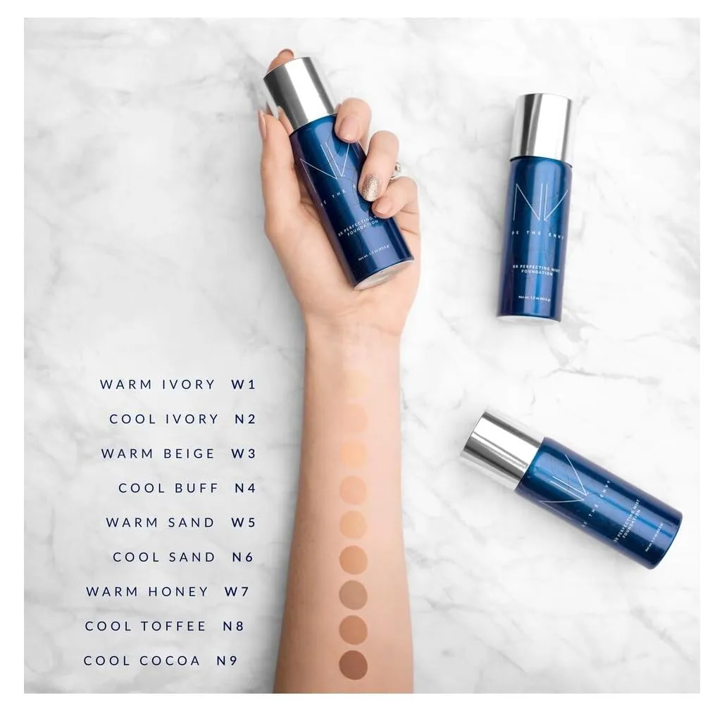 NV BB Perfecting Mist Foundation Buildable Coverage Professional Airbrush Makeup with Plant-based Stem Cell Polypeptides, Vitamins A, D, E and Aloe, 1.5 ounces, Warm Beige