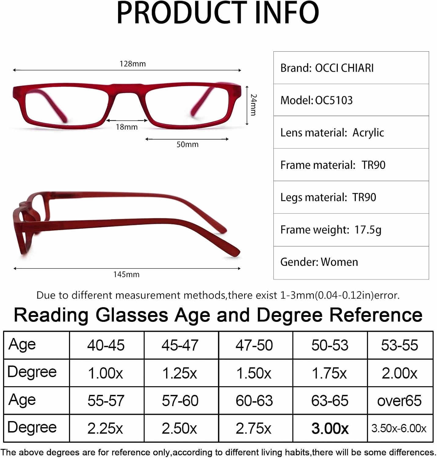 OCCI CHIARI Womens Reading Glasses TR90 Reader For Men 1.0 1.25 1.5 1.75 2.0 2.25 2.5 2.75 3.0 3.5 4.0 5.0 6.0 (Red,100)