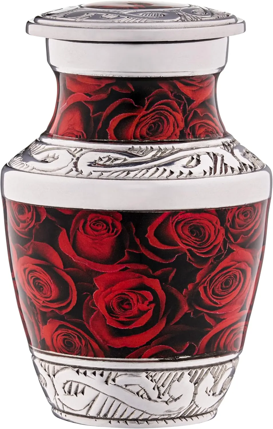 Olivia Memorials Small Urns for Human Ashes Adult Female - Red Roses Decorative Mini Urns - Cremation Keepsakes with Velvet Box - Flowers Memorial Urn with Roses and Ash Storage