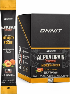 ONNIT Alpha Brain Instant Peach Flavor - Nootropic Brain Booster Memory Supplement - for Focus, Energy & Clarity - Alpha GPC Choline, Cats Claw, L-Theanine, Bacopa - 30ct