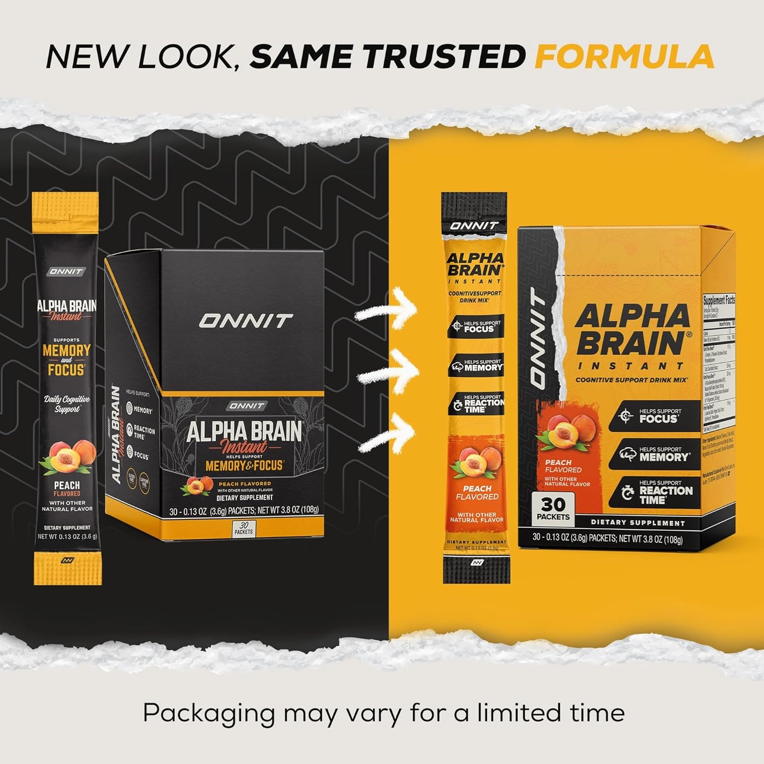 ONNIT Alpha Brain Instant Peach Flavor - Nootropic Brain Booster Memory Supplement - for Focus, Energy & Clarity - Alpha GPC Choline, Cats Claw, L-Theanine, Bacopa - 30ct