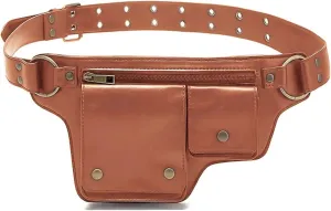 Orange Punk Style Waist Bag for Women - Vintage PU Leather Tactical Fanny Pack with Multiple Pockets, Waterproof Outdoor Belt Bag for Travel, Sports & Everyday Fashion