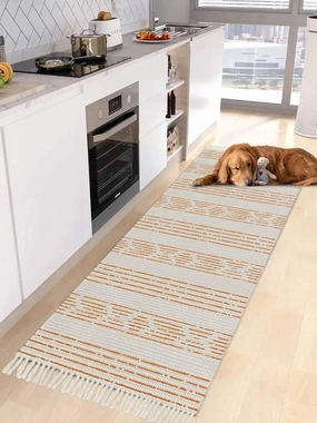 Orange Boho Hallway Runner Rug 2X6 Ft Kitchen Carpet, Washable Woven Throw Carpet with Tassel, Natural Farmhouse Vintage Striped Art Non-Shedding Bedroom Laundry Rugs